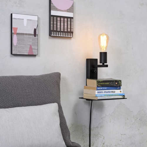 Wandlamp Florence met plank/usb - Zwart